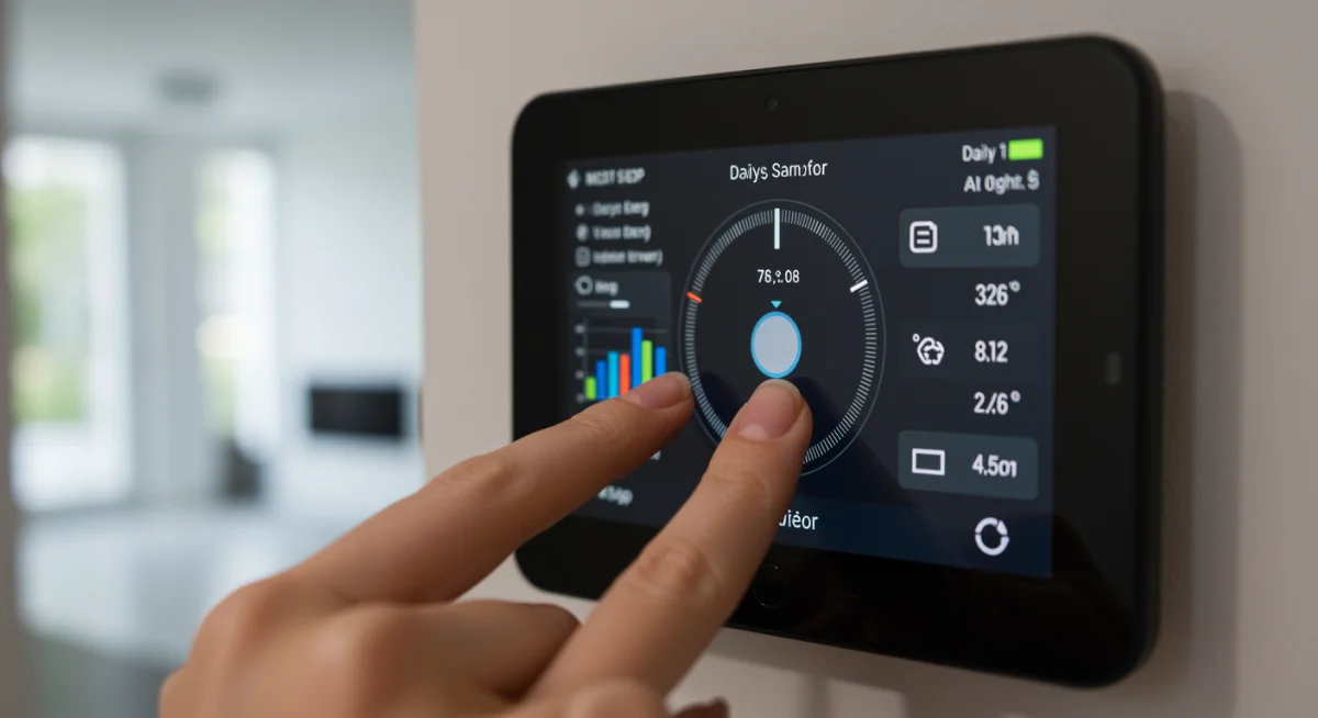 Smart thermostat displaying energy usage data with a hand adjusting temperature.
