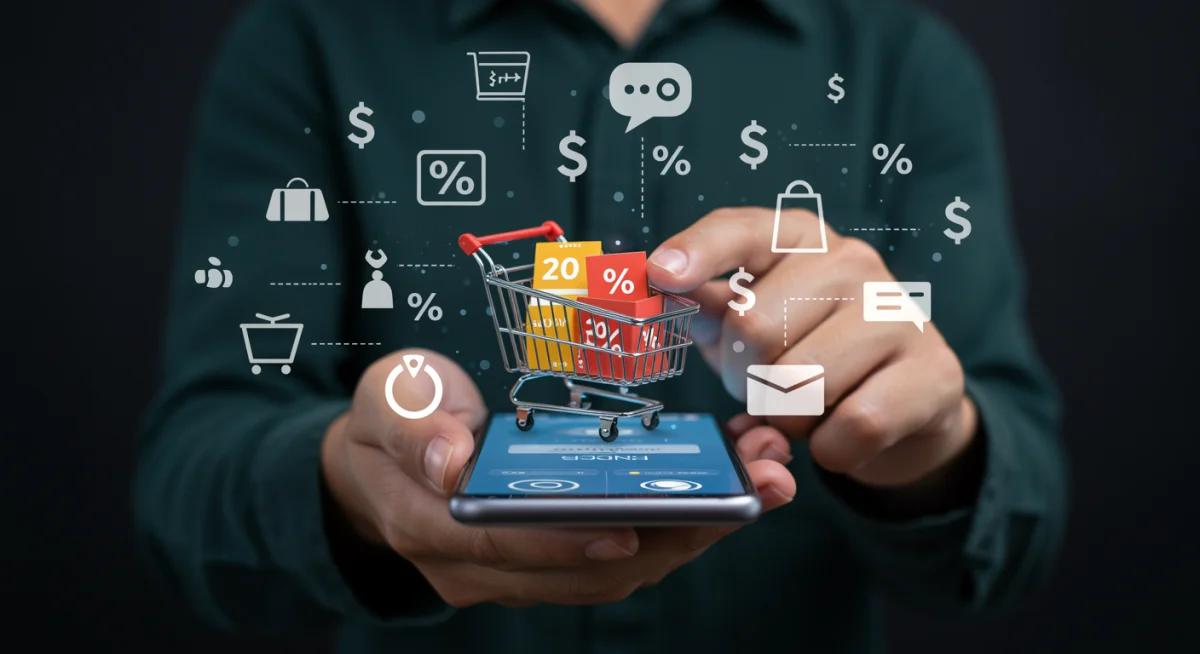 Person using a 10% discount code on a smartphone for online shopping
