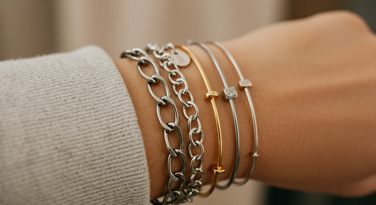 Close-up of stacked mixed-metal bracelets, combining chunky and delicate styles.