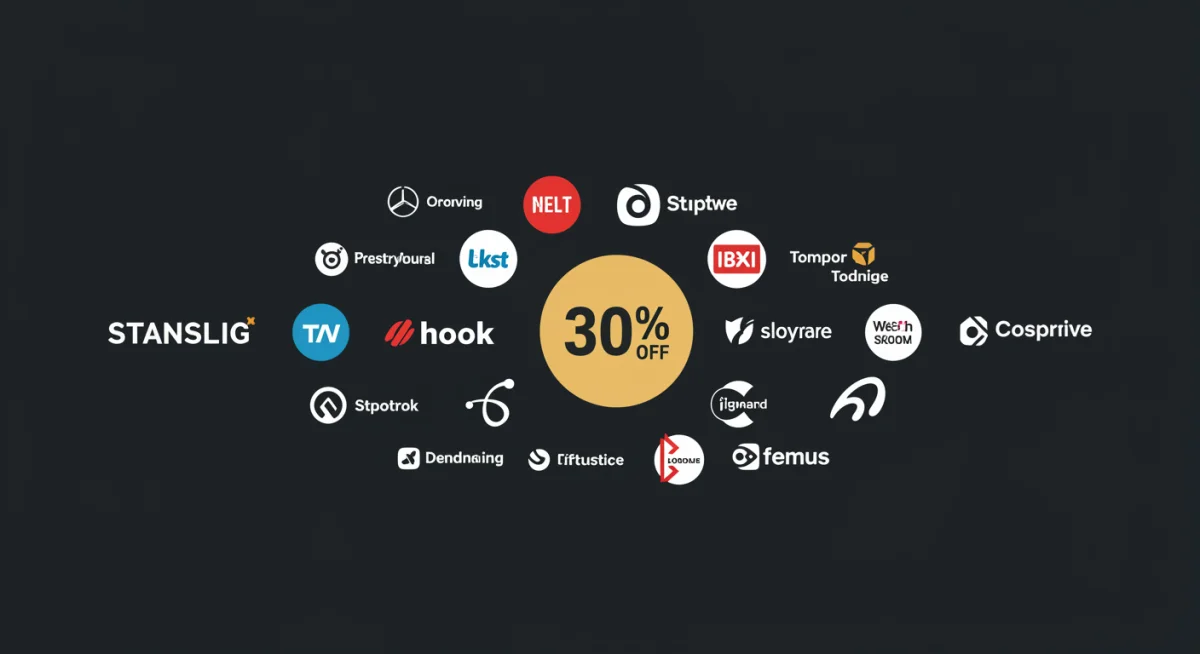 Collage of premium subscription logos with a 30% off coupon icon