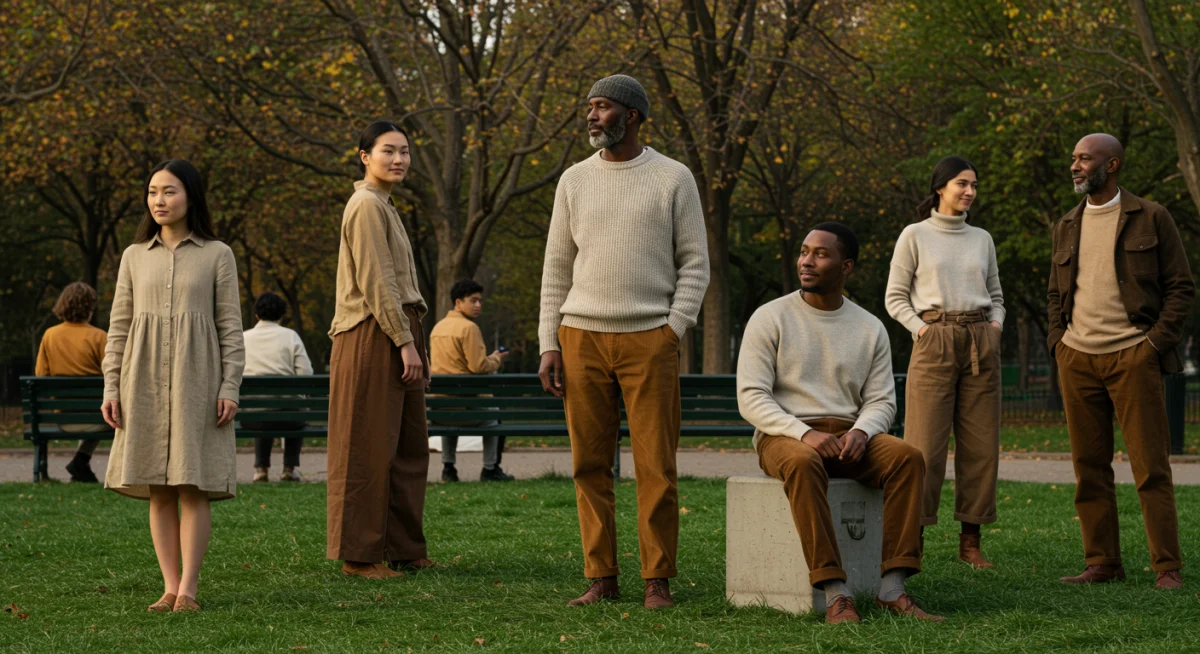 Diverse group showcasing sustainable fall 2025 fashion in earth tones.