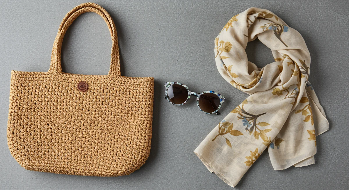 Flat lay of sustainable accessories: woven tote, recycled sunglasses, organic cotton scarf.