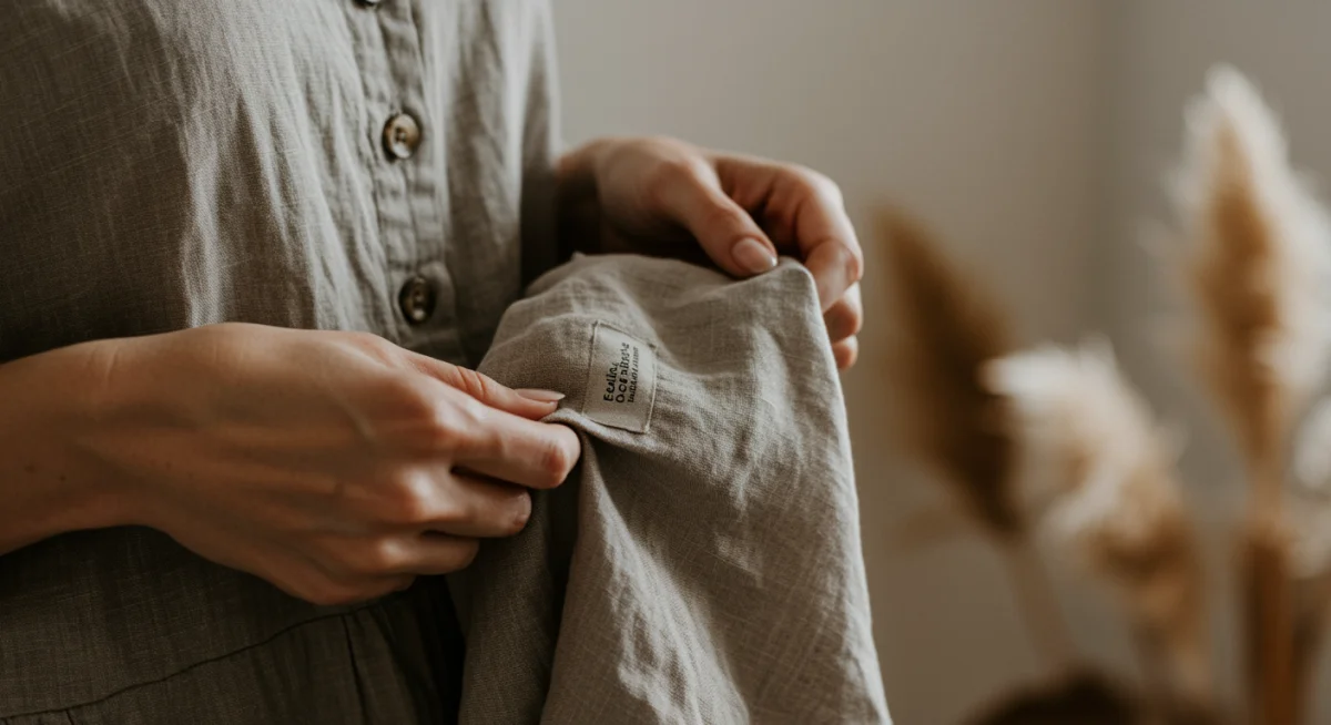 Hands touching sustainable fabric garment, emphasizing eco-friendly fashion