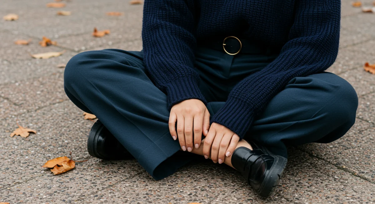 Textured knit sweater with wide-leg trousers, a key fall 2025 fashion trend.