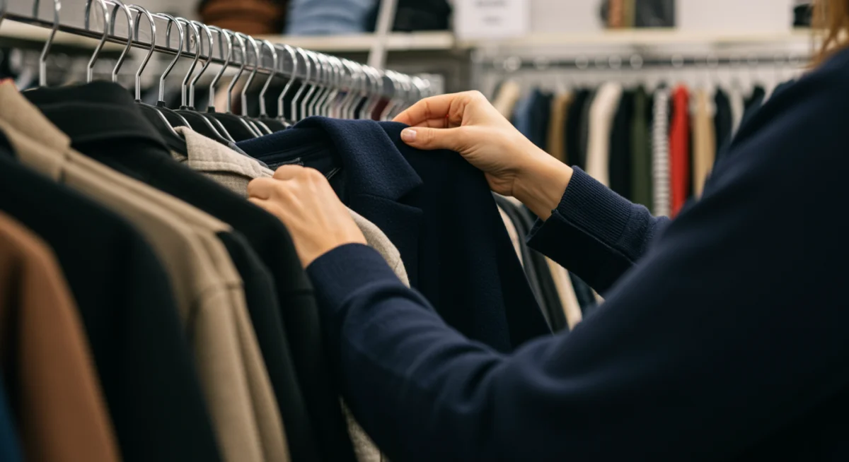 Person shopping for quality second-hand clothing in a thrift store