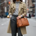 Smart Style Investments: Timeless Pieces for Your US Look Woman in classic trench coat, tailored trousers, and leather handbag in urban setting.