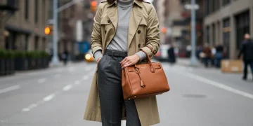 Woman in classic trench coat, tailored trousers, and leather handbag in urban setting.
