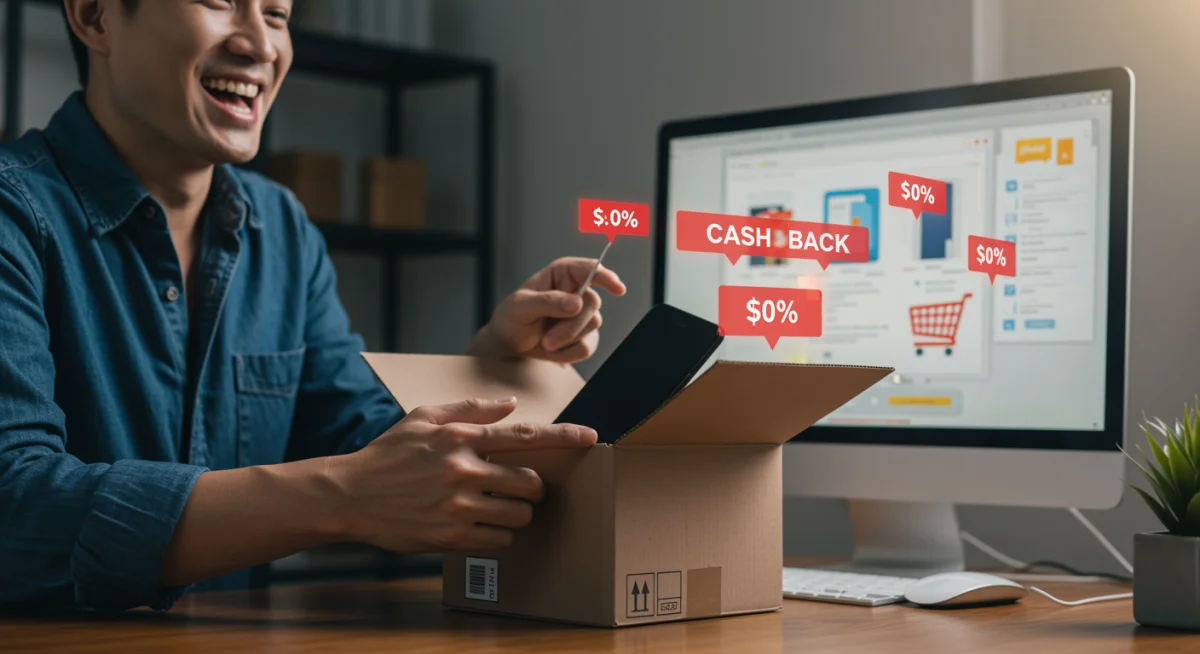 Person unboxing new electronics with cashback savings