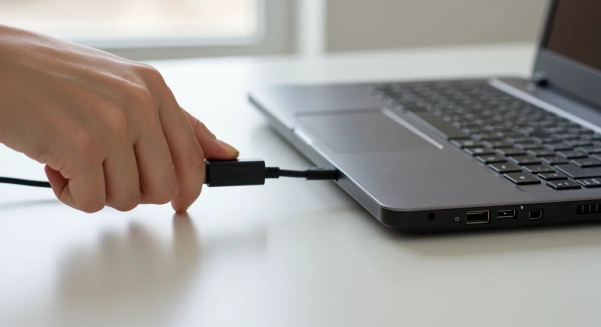Hand unplugging laptop from charger on clean workspace.
