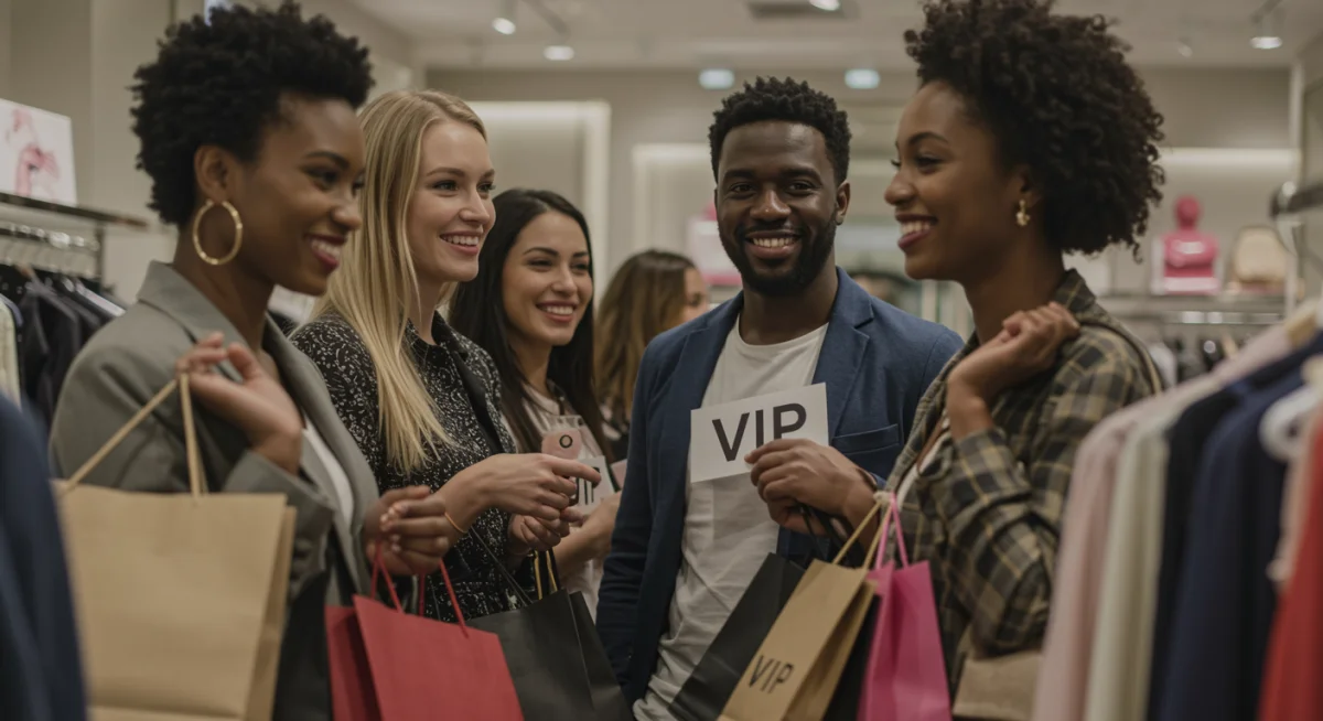 Diverse shoppers enjoying a VIP early access event at a high-end boutique.