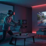 VR Headset Comparison 2025: Top 3 for US Gaming Gamer immersed in virtual reality with a top-tier VR headset in a futuristic living room.
