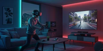 Gamer immersed in virtual reality with a top-tier VR headset in a futuristic living room.