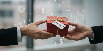 Hands exchanging a gift box with '$18,000' tag, symbolizing the 2025 gift tax exclusion