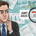 2025 AMT: Is Your Income at Risk? Updates & Impact Confused taxpayer reviewing 2025 AMT tax forms and financial documents