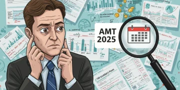 Confused taxpayer reviewing 2025 AMT tax forms and financial documents