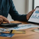 Strategic debt consolidation planning for 2025, showing calculator, financial charts, and credit cards