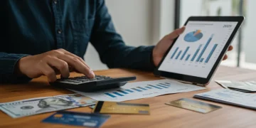 Strategic debt consolidation planning for 2025, showing calculator, financial charts, and credit cards