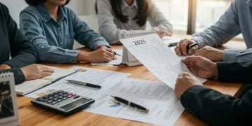 Family reviewing estate planning documents with a financial advisor for 2025