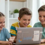Happy family reviewing child tax credit information on a laptop