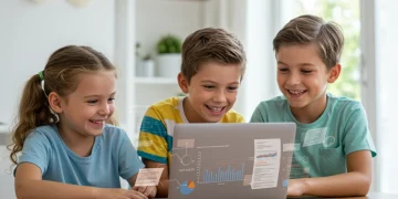 Happy family reviewing child tax credit information on a laptop