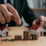 Fed Rate Hikes: 0.25% Increase Impacts Your Q1 2025 Mortgage Hand placing coin on stack with house model, symbolizing mortgage impact of Fed rate hike.