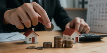 Hand placing coin on stack with house model, symbolizing mortgage impact of Fed rate hike.