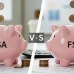 HSA vs. FSA comparison with two distinct piggy banks and financial documents