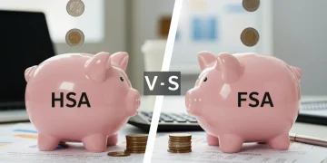 HSA vs. FSA comparison with two distinct piggy banks and financial documents