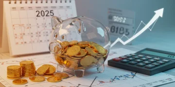 Illustration of a piggy bank, gold coins, and financial charts representing IRA contribution limits and retirement growth in 2025.