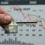 Mortgage Rates Under 7% in Early 2025: Your Guide Hand holding house key with financial charts in background indicating mortgage rates under 7% in early 2025