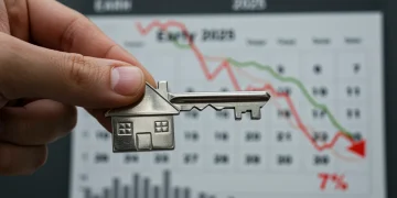 Hand holding house key with financial charts in background indicating mortgage rates under 7% in early 2025